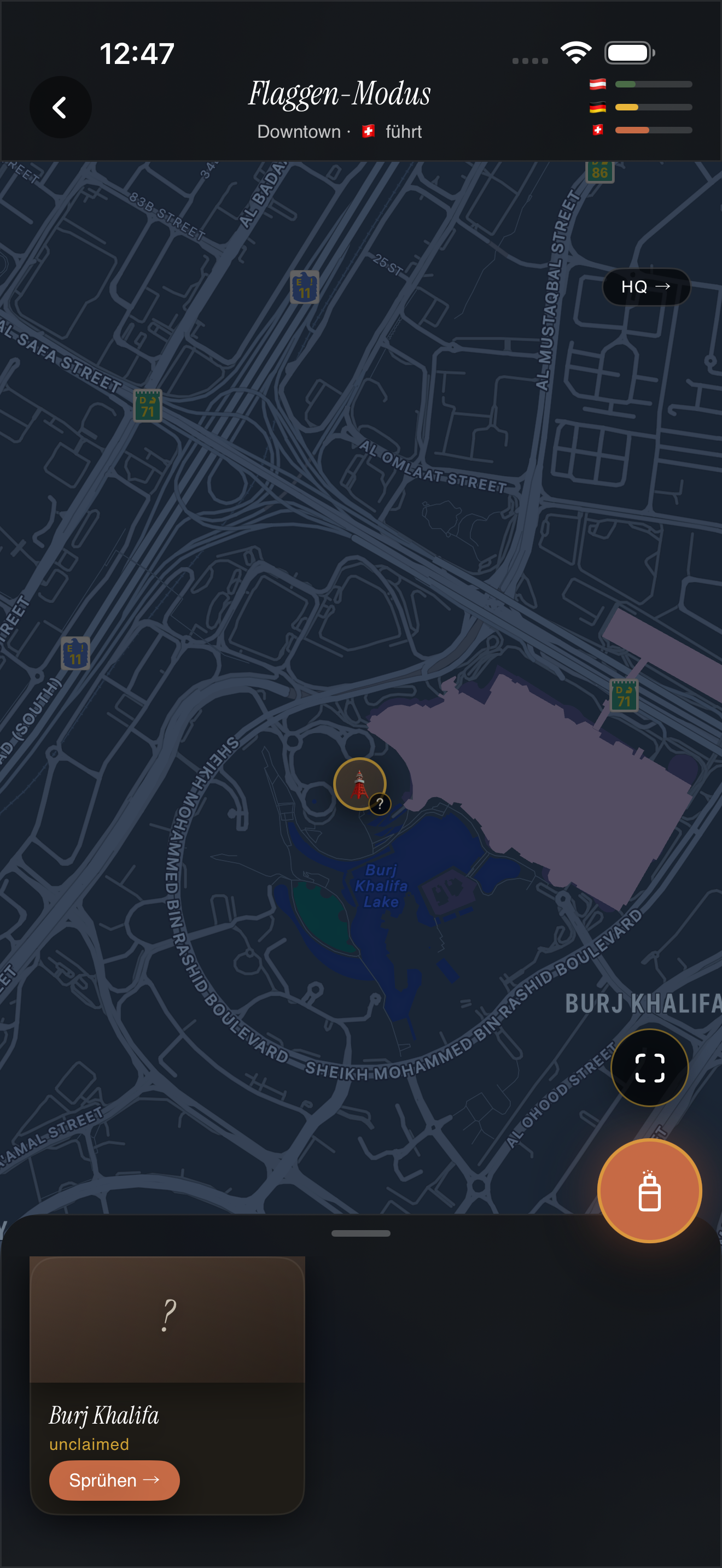 Flaggen-Modus Karte Downtown Dubai mit Burj Khalifa Pin