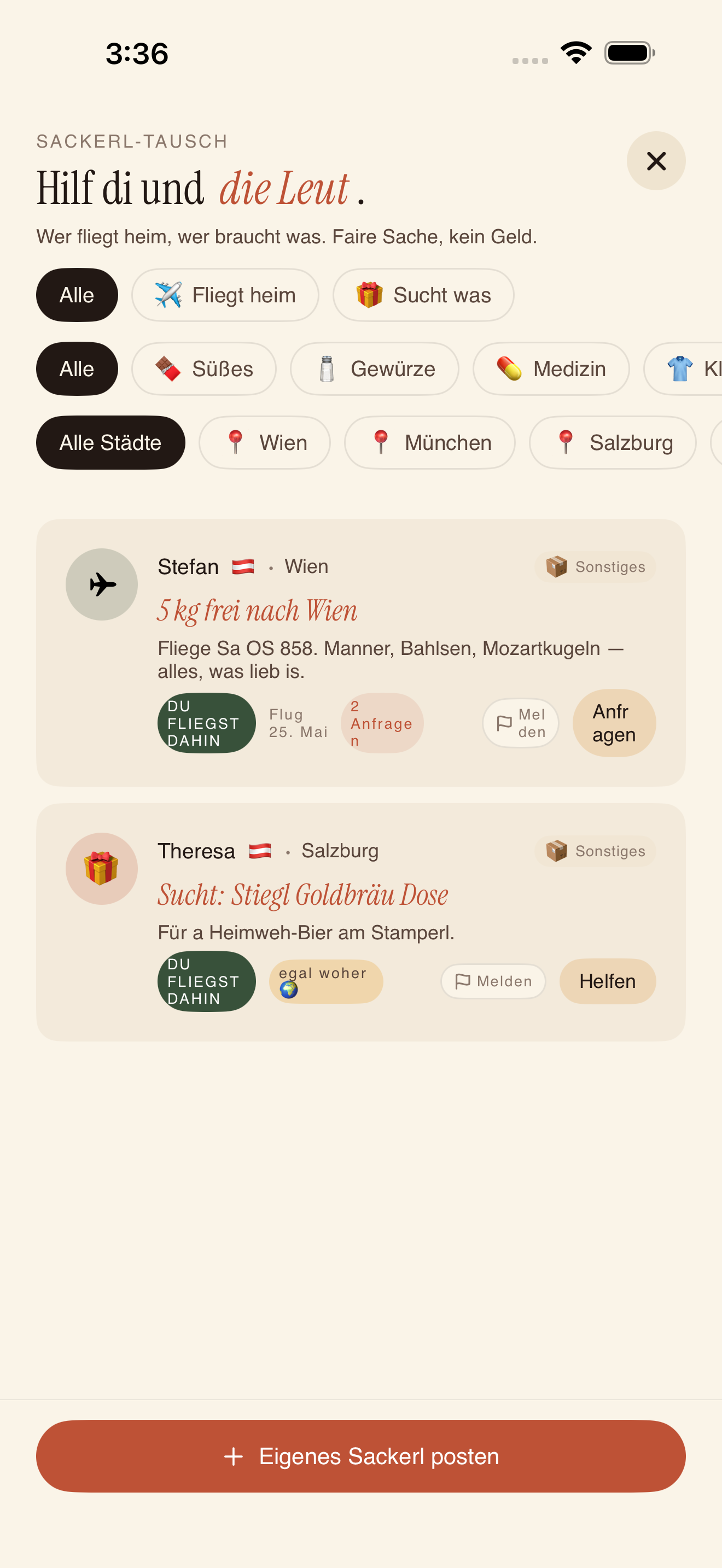 Sackerl-Board mit zwei Posts: Stefan aus Wien fliegt heim, Theresa sucht Stiegl Goldbräu