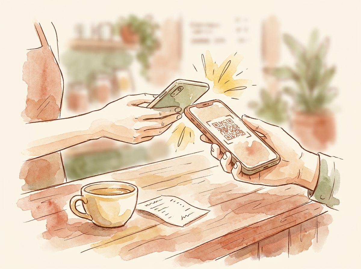 Hand-drawn watercolor: a café staff member scanning a member's phone QR at the till, a small minus-percent flourish — the Oida scan moment