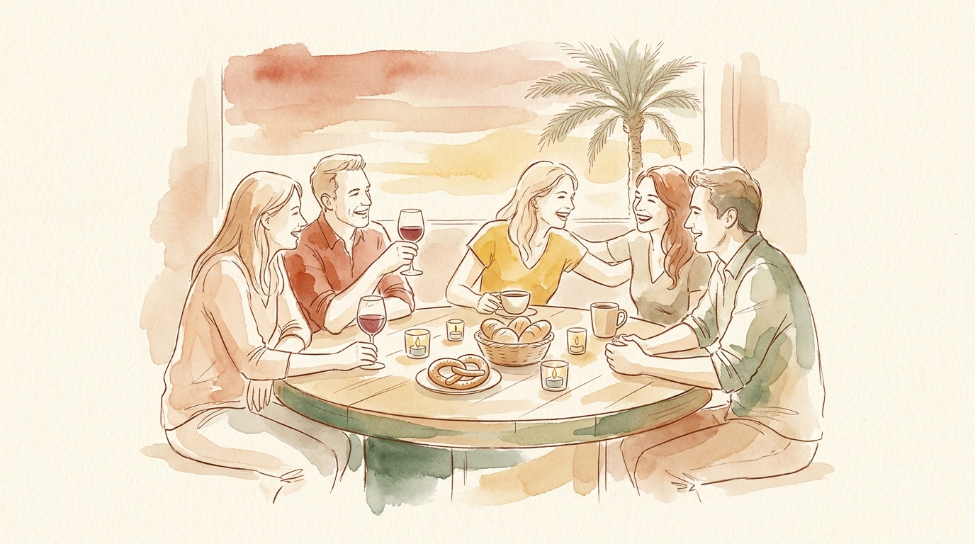 Hand-drawn watercolor: a Dubai Stammtisch table of DACH expats — bread, wine, laughter, the community Oida brings to your door